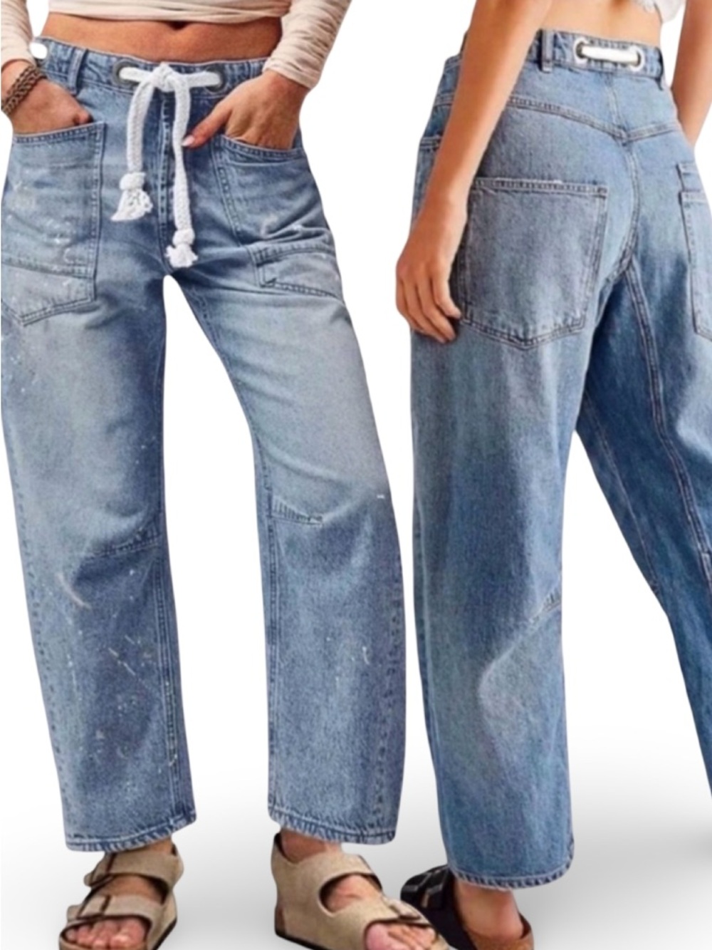 New! Wide Leg Barrel 100% Cotton w/ Drawstring Waist Denim Jeans Size 9/29